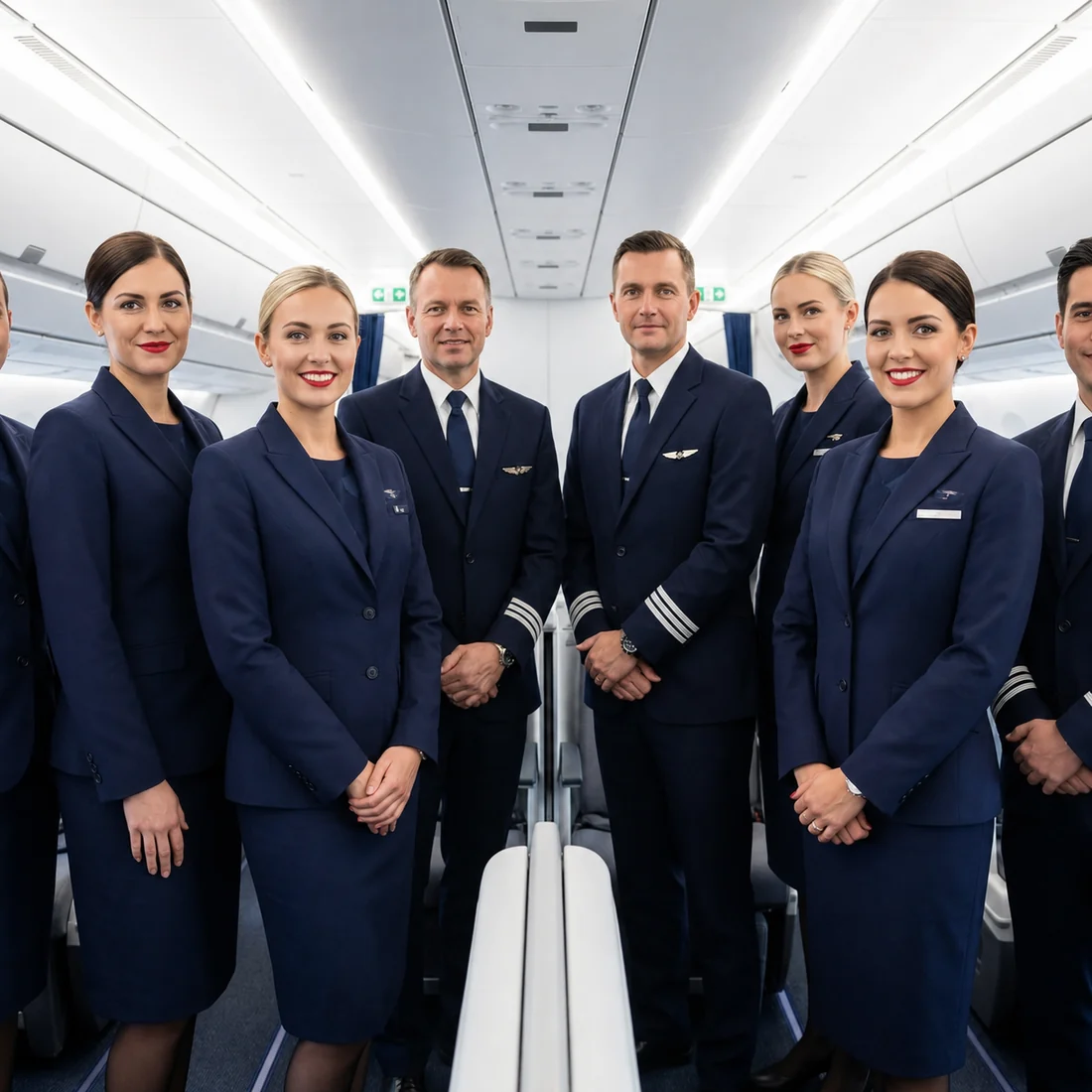 Cabin crew and flight deck team aboard an aircraft in matching bespoke navy uniforms by Noble Fox