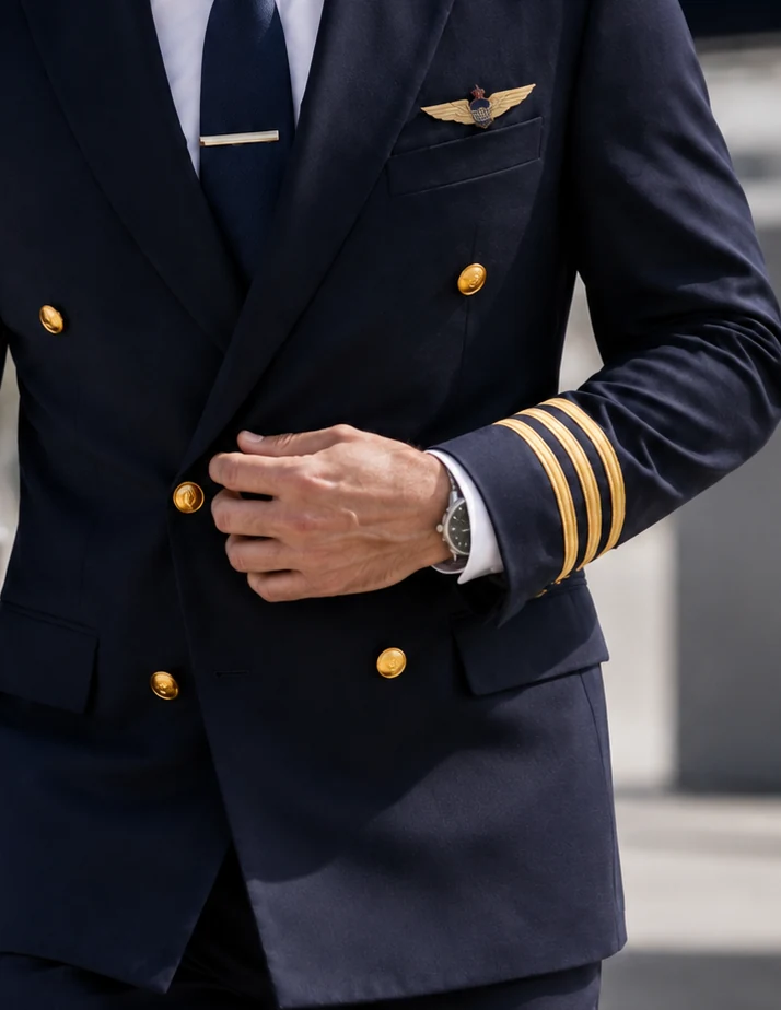 Wrinkle-Resistant Fabrics - close detail of a bespoke navy pilot jacket with gold buttons and sleeve braid by Noble Fox