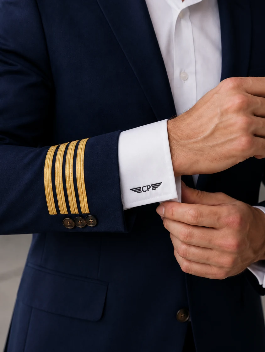 Personal Detailing - monogrammed shirt cuff and gold rank braid on a bespoke navy pilot jacket by Noble Fox