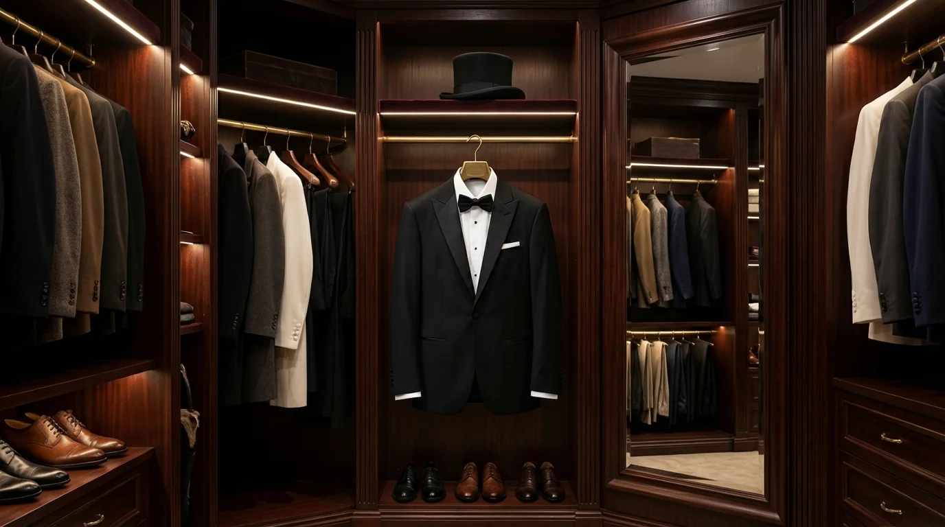 A black dinner suit with a bow tie hanging in a mahogany dressing room, alongside a top hat and evening shoes