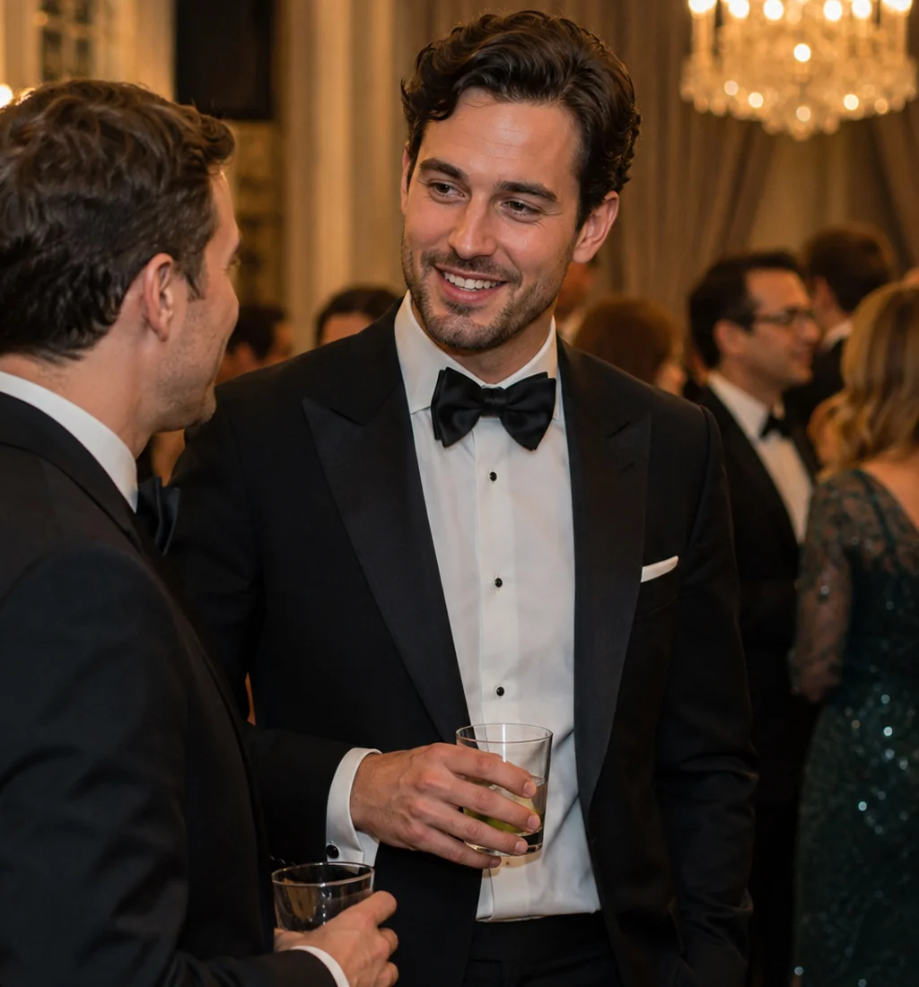 Man in a bespoke black tie dinner suit with a satin peak lapel and hand-tied bow at a ballroom dinner, by Noble Fox
