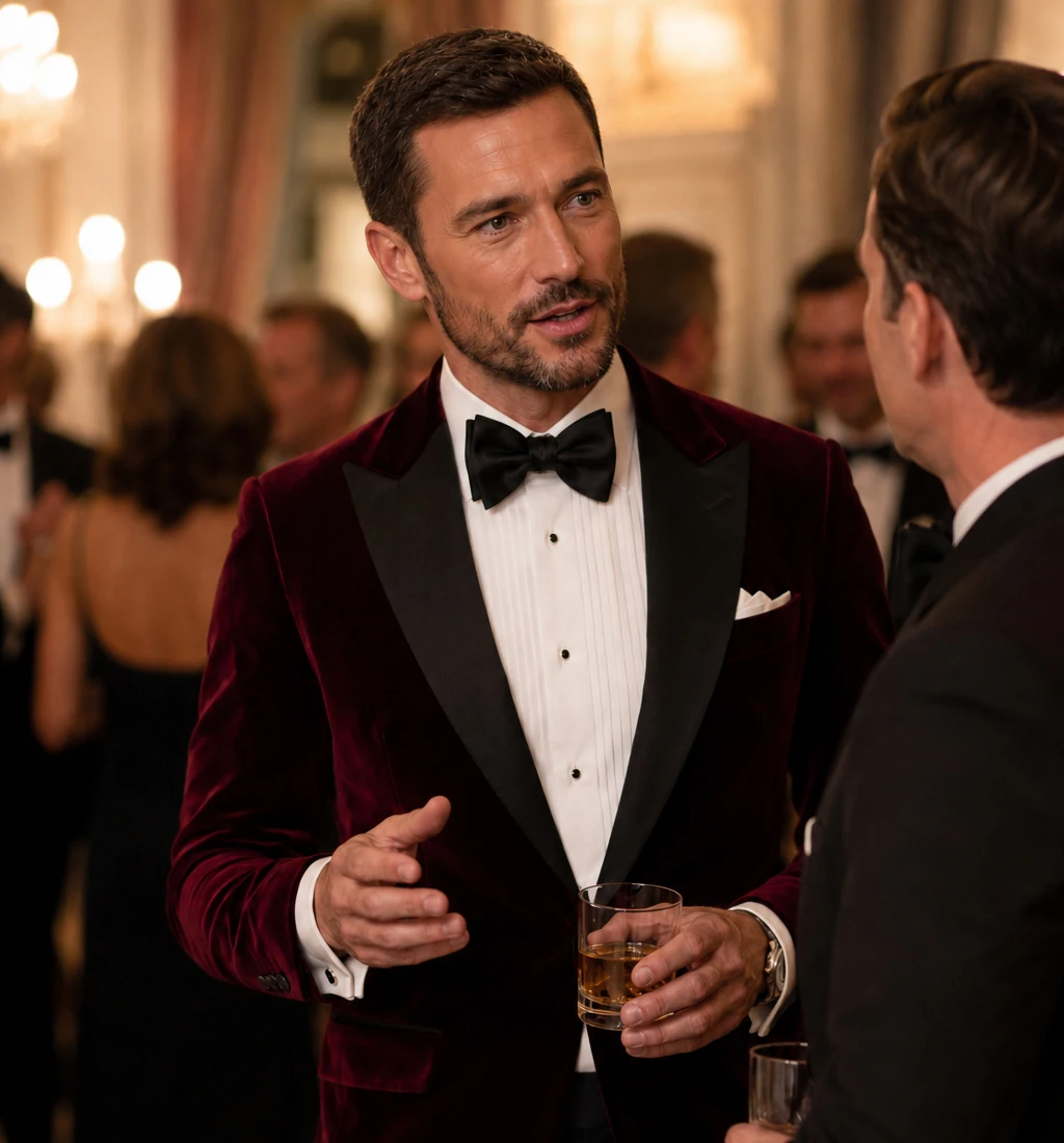 Man in a burgundy velvet dinner jacket with a black bow tie at a black tie reception, tailored by Noble Fox