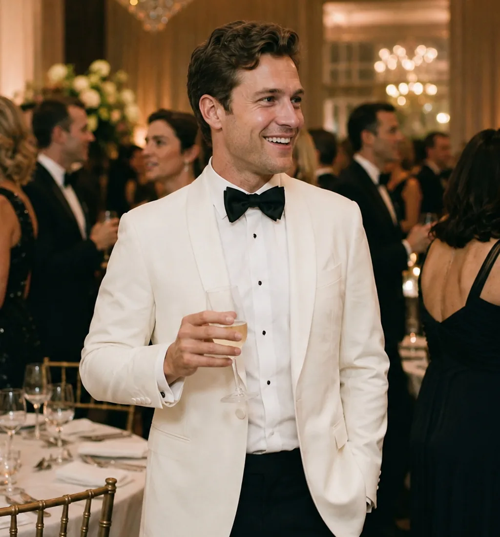 Man in an ivory shawl collar dinner jacket with black trousers and bow tie at a warm weather black tie dinner, tailored by Noble Fox