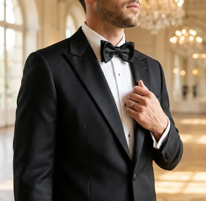Peak lapel with silk facing on a bespoke black tie dinner suit, worn with a black bow tie in a chandeliered ballroom, tailored by Noble Fox