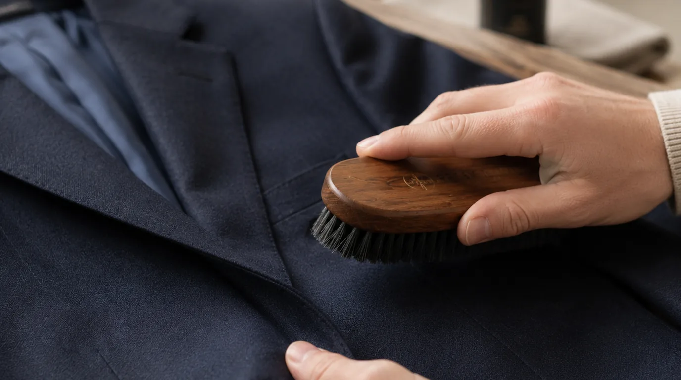 Brushing a navy bespoke suit jacket with a horsehair clothes brush