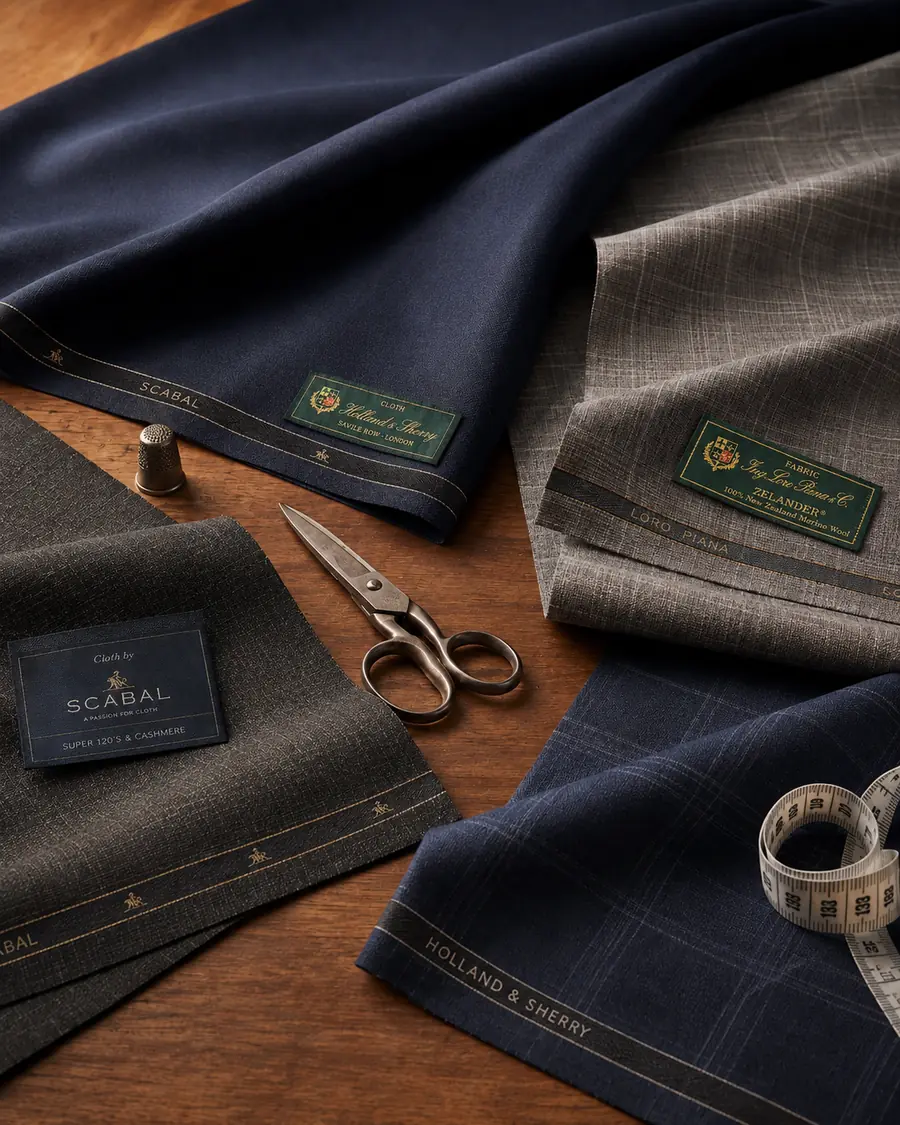 Lengths of suiting cloth from Holland & Sherry, Loro Piana and Scabal with mill selvedge labels, beside tailor's shears and a tape measure