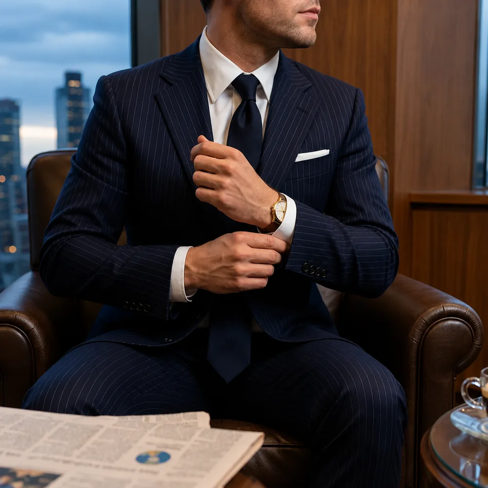 Man in a bespoke navy pinstripe business suit adjusting his shirt cuff, seated in a city office, tailored by Noble Fox