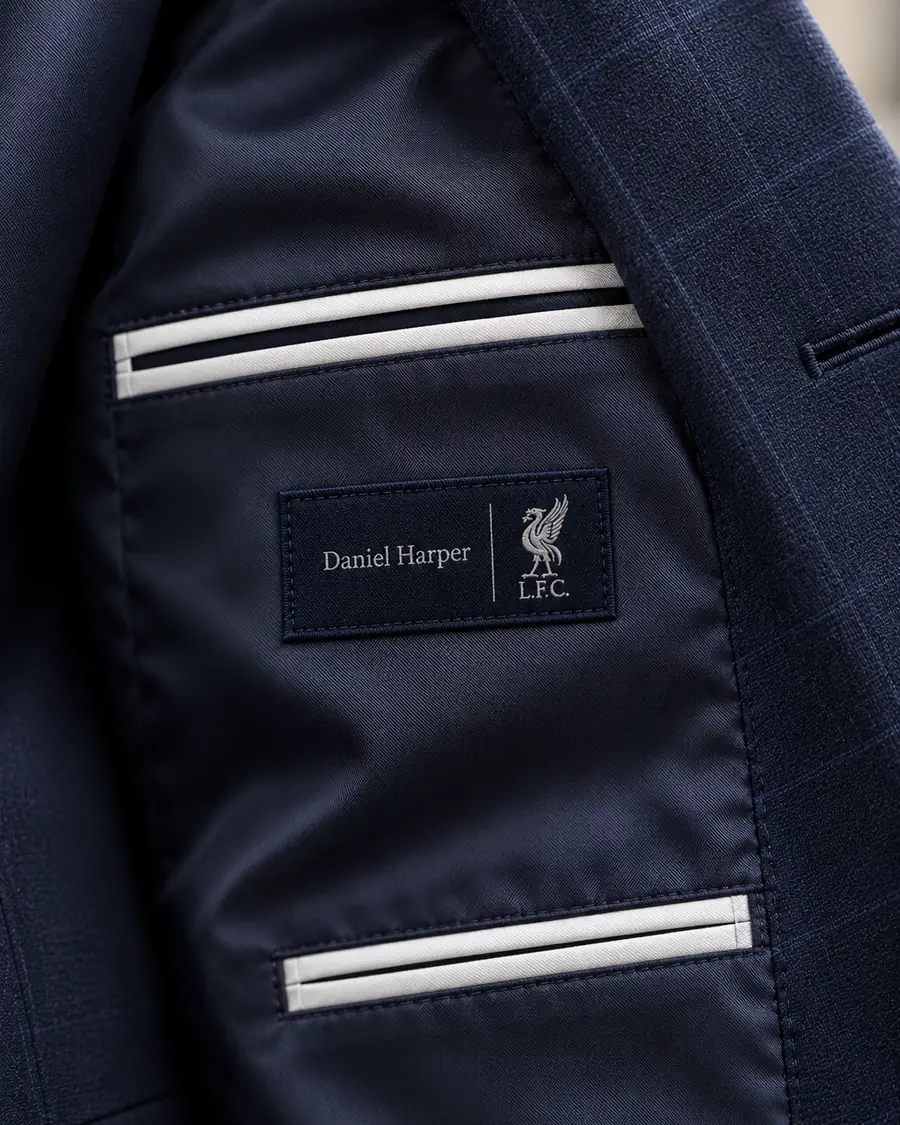 Inside a bespoke navy check jacket showing a personalised woven name label above the inner pocket, tailored by Noble Fox
