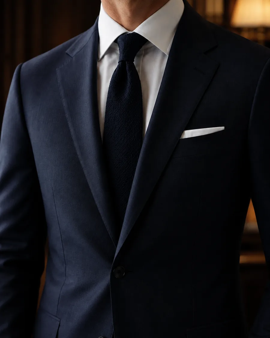 Close detail of a bespoke navy suit jacket showing the structured shoulder, peak lapel roll, knitted tie and pocket square, tailored by Noble Fox