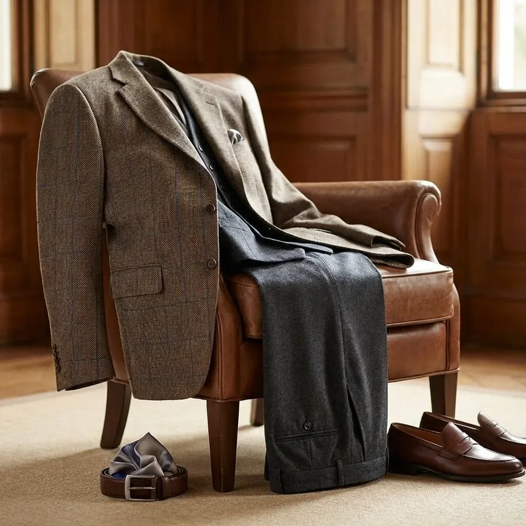 Bespoke tweed jacket, waistcoat and flannel trousers laid over a leather armchair with loafers, belt and pocket square