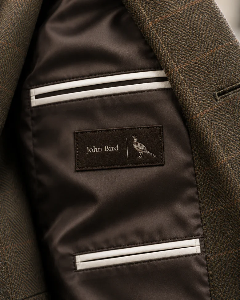 Inside a bespoke tweed country jacket showing a personalised name label with a pheasant motif stitched above the inner pocket, tailored by Noble Fox