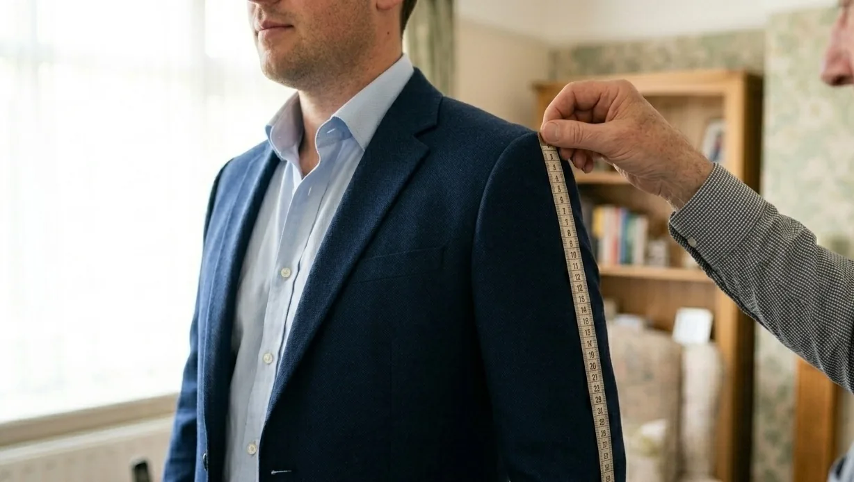 Tailor measuring a client's sleeve length over a navy jacket during a home fitting