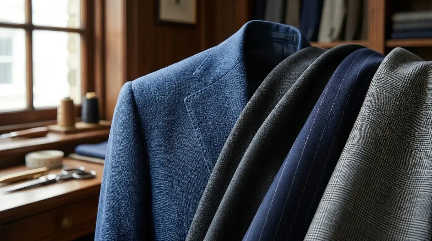 Layered bespoke suit fabrics in blue, navy pinstripe and Prince of Wales check