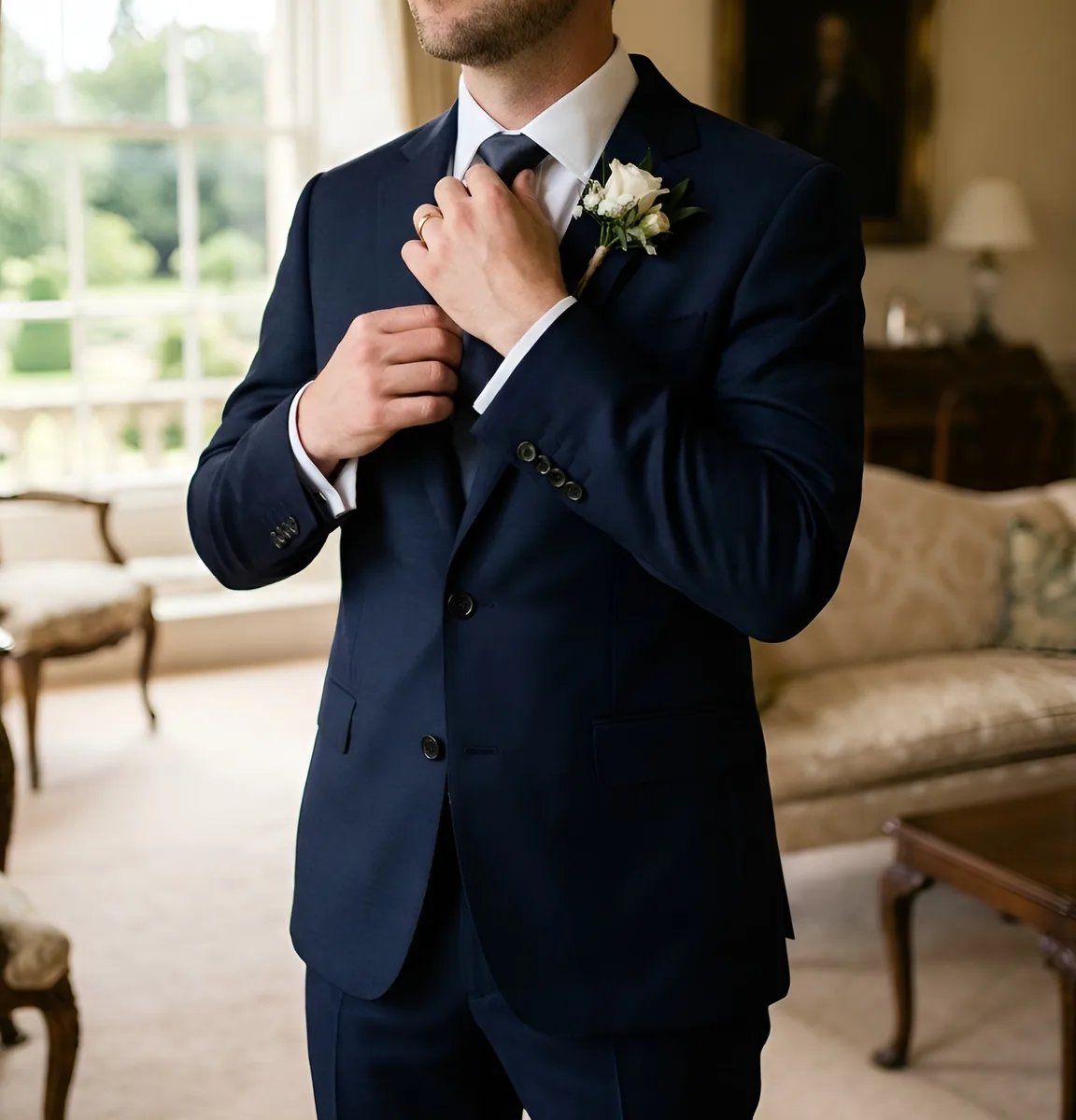 Groom in a bespoke navy wedding suit with buttonhole, tailored by Noble Fox