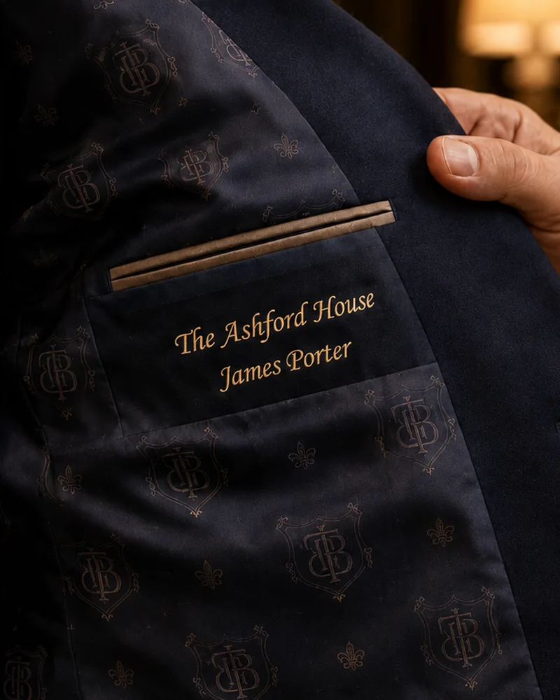 Inside a bespoke hotel uniform jacket showing a house-crest patterned lining and the property and staff name embroidered above the inner pocket, tailored by Noble Fox