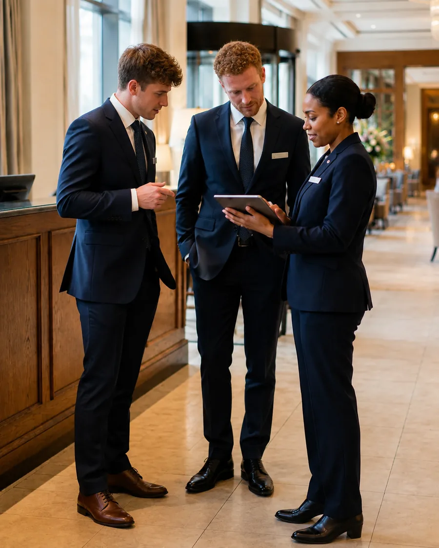 Three hotel reception and concierge staff in matching bespoke navy uniforms at the front desk, tailored by Noble Fox