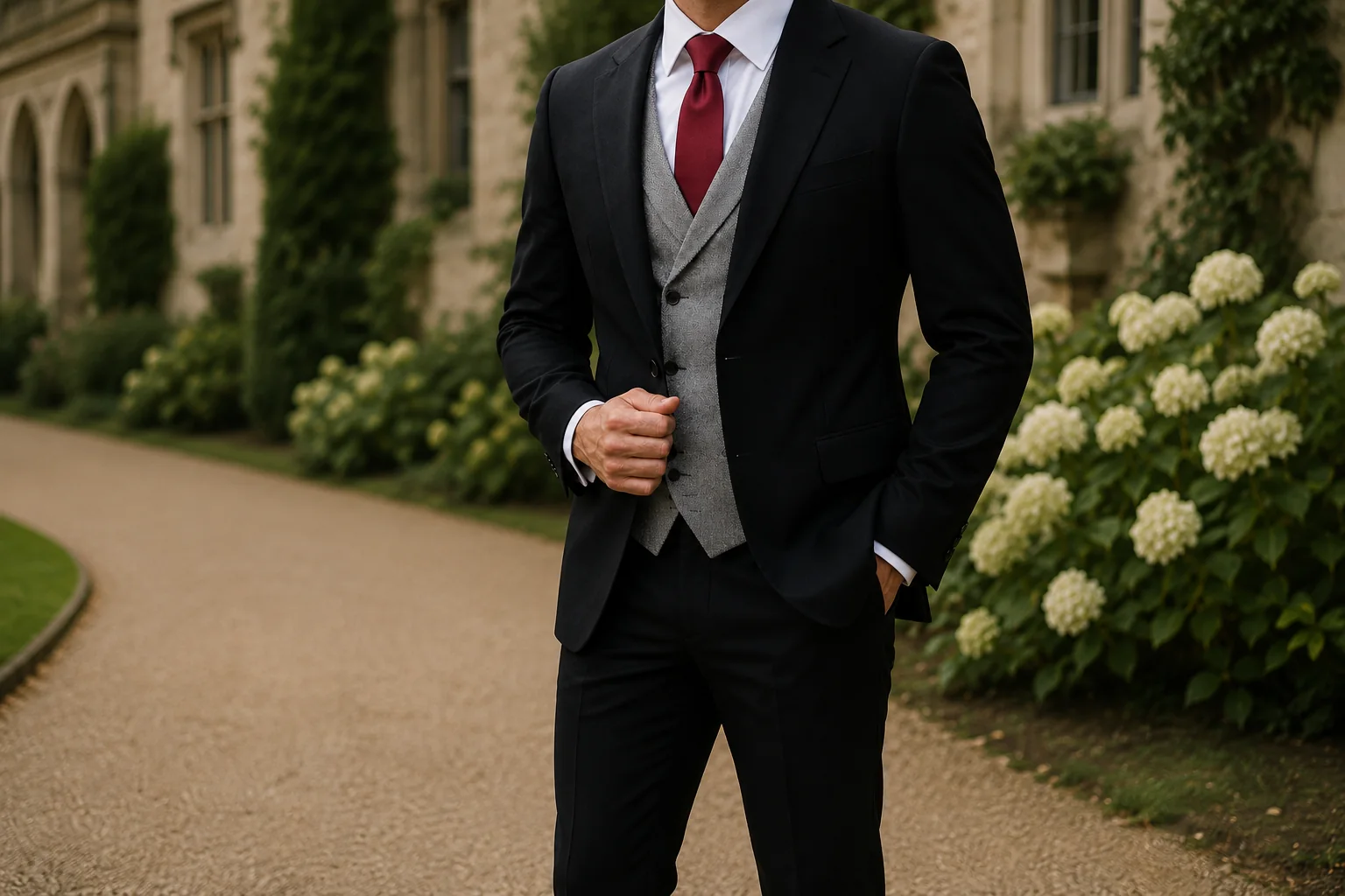 Black three piece wedding suit with a grey herringbone waistcoat - Noble Fox bespoke tailoring in Birmingham
