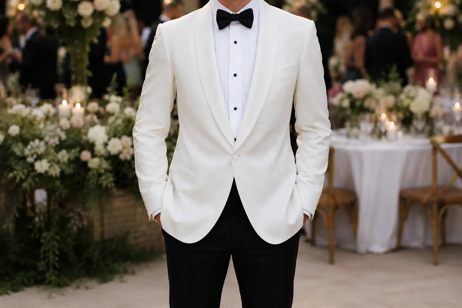 Ivory dinner jacket with a black bow tie and pleated dress shirt - Noble Fox bespoke tailoring in Chester