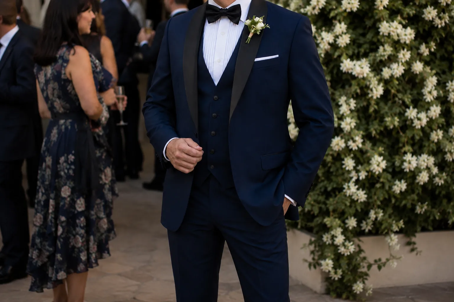 Navy tuxedo with a black shawl lapel and matching waistcoat - Noble Fox bespoke tailoring in Edinburgh