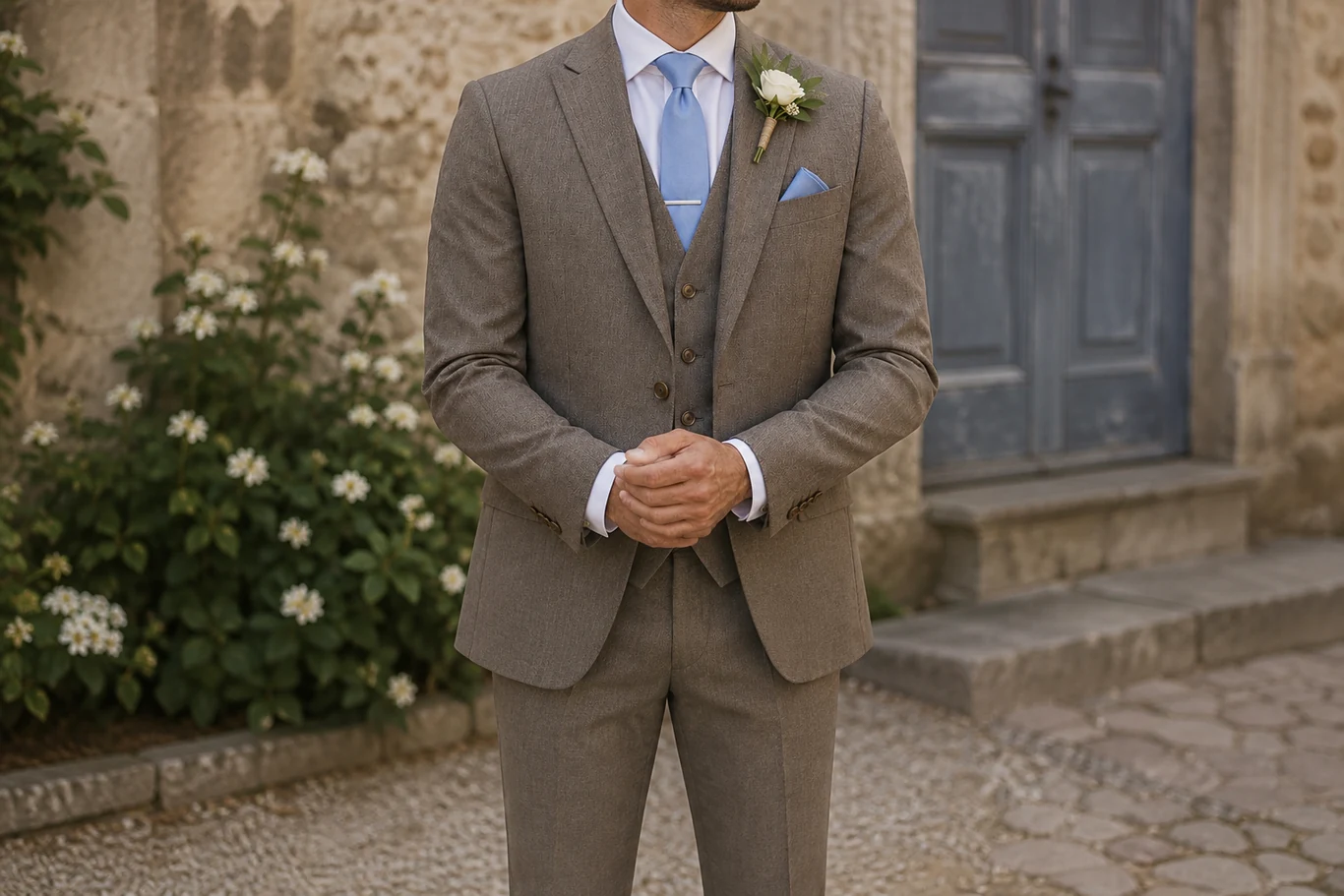 Brown tweed three piece suit with a pale blue tie - Noble Fox bespoke tailoring in Glasgow