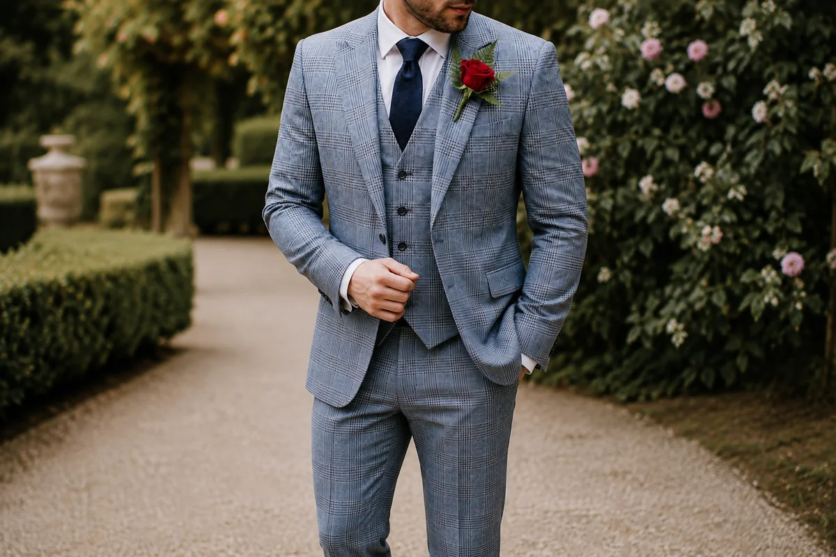 Light blue Prince of Wales check three piece suit - Noble Fox bespoke tailoring in Leeds