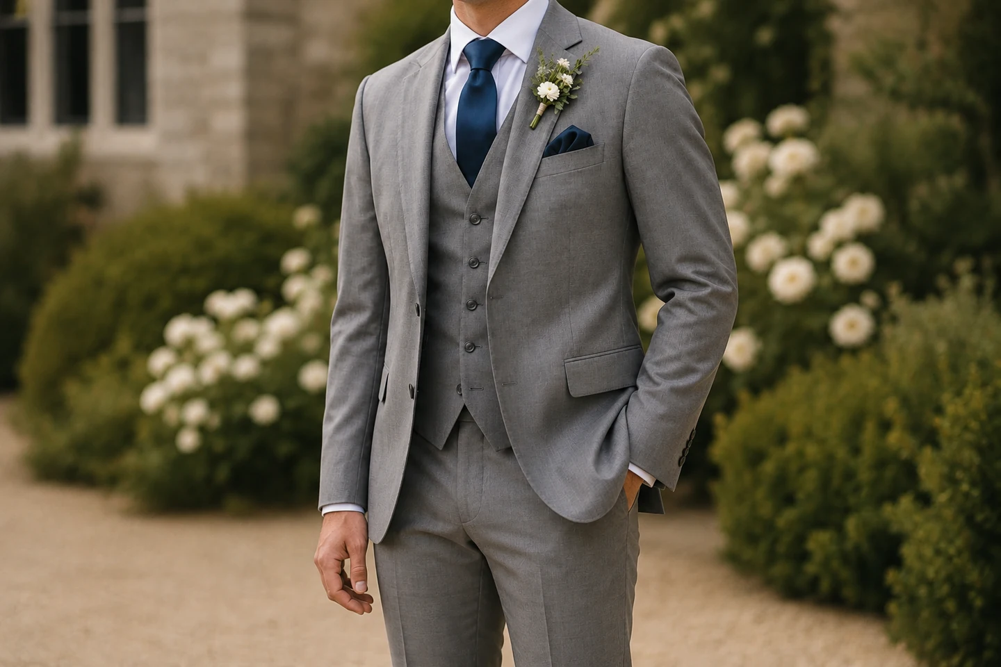Grey three piece wedding suit with a navy tie - Noble Fox bespoke tailoring in Liverpool