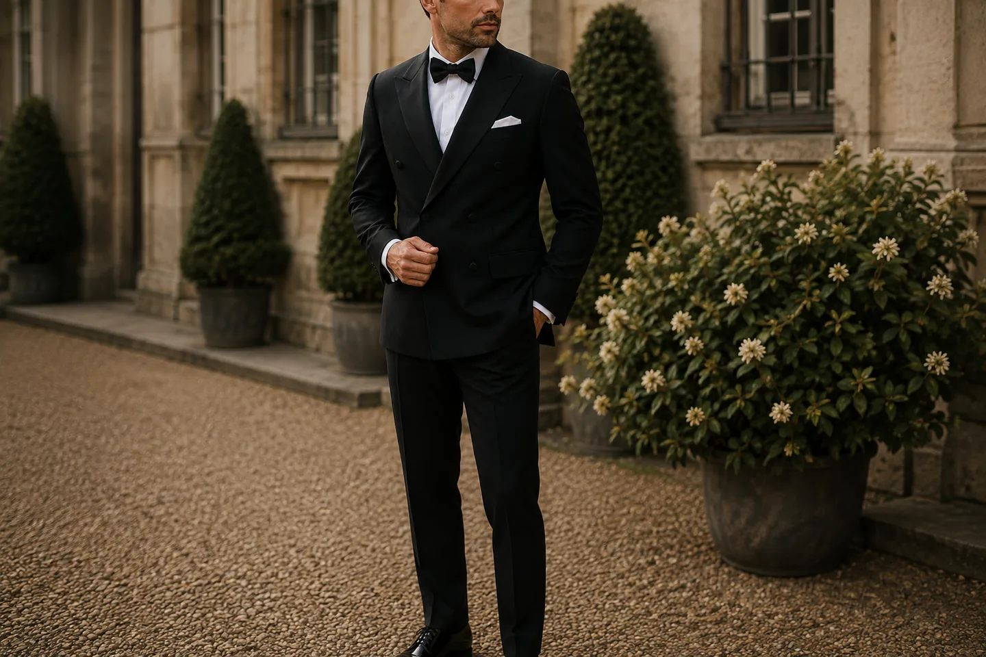 Black double breasted dinner suit with a peak lapel - Noble Fox bespoke tailoring in London