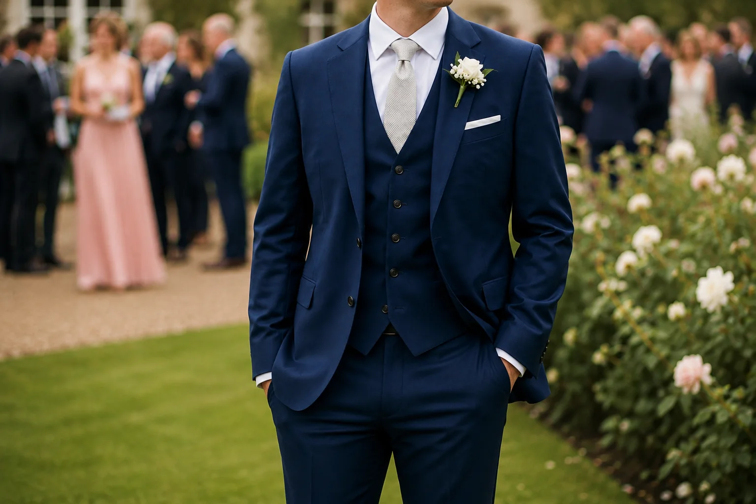 Navy three piece wedding suit with a knitted silver tie - Noble Fox bespoke tailoring in Manchester