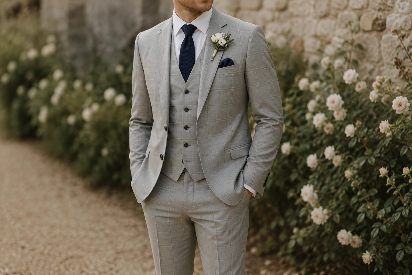 Light grey windowpane check three piece suit - Noble Fox bespoke tailoring in Newcastle