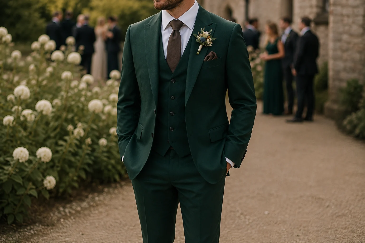 Dark green three piece wedding suit with a brown tie - Noble Fox bespoke tailoring in Sheffield
