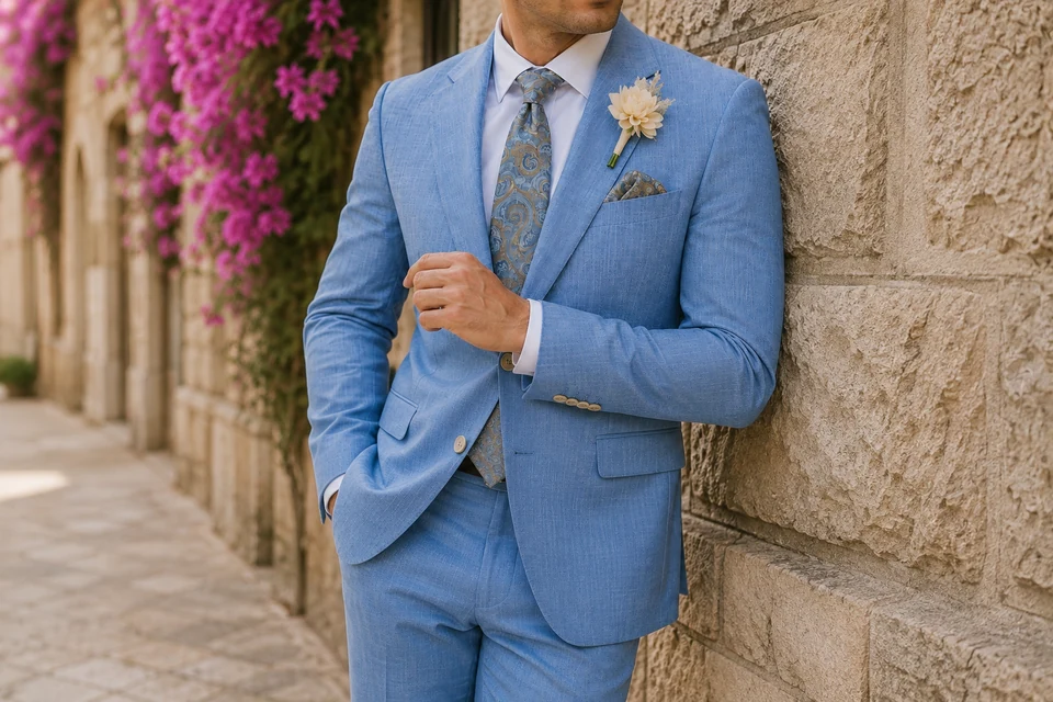 Light blue linen suit with a paisley tie - Noble Fox bespoke tailoring in Wrexham