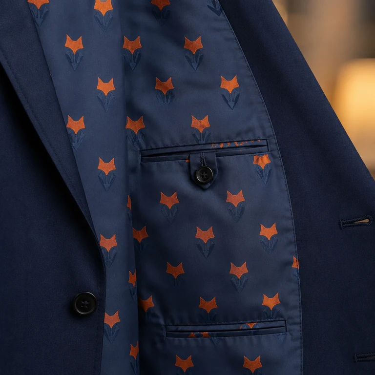 Patterned silk lining inside a bespoke prom jacket, tailored by Noble Fox