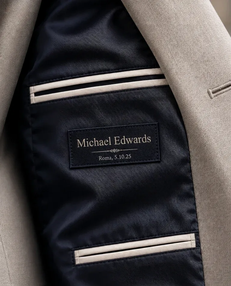 Initials hand-stitched inside a bespoke prom jacket, tailored by Noble Fox