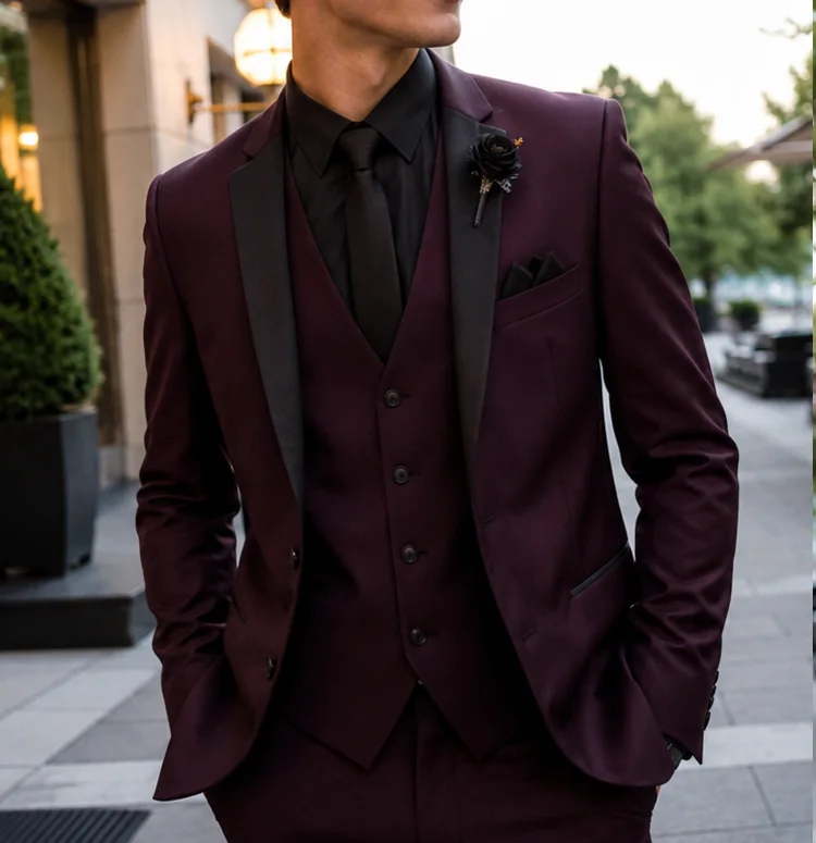 Young man in a burgundy bespoke prom suit with black lapels and a buttonhole, tailored by Noble Fox