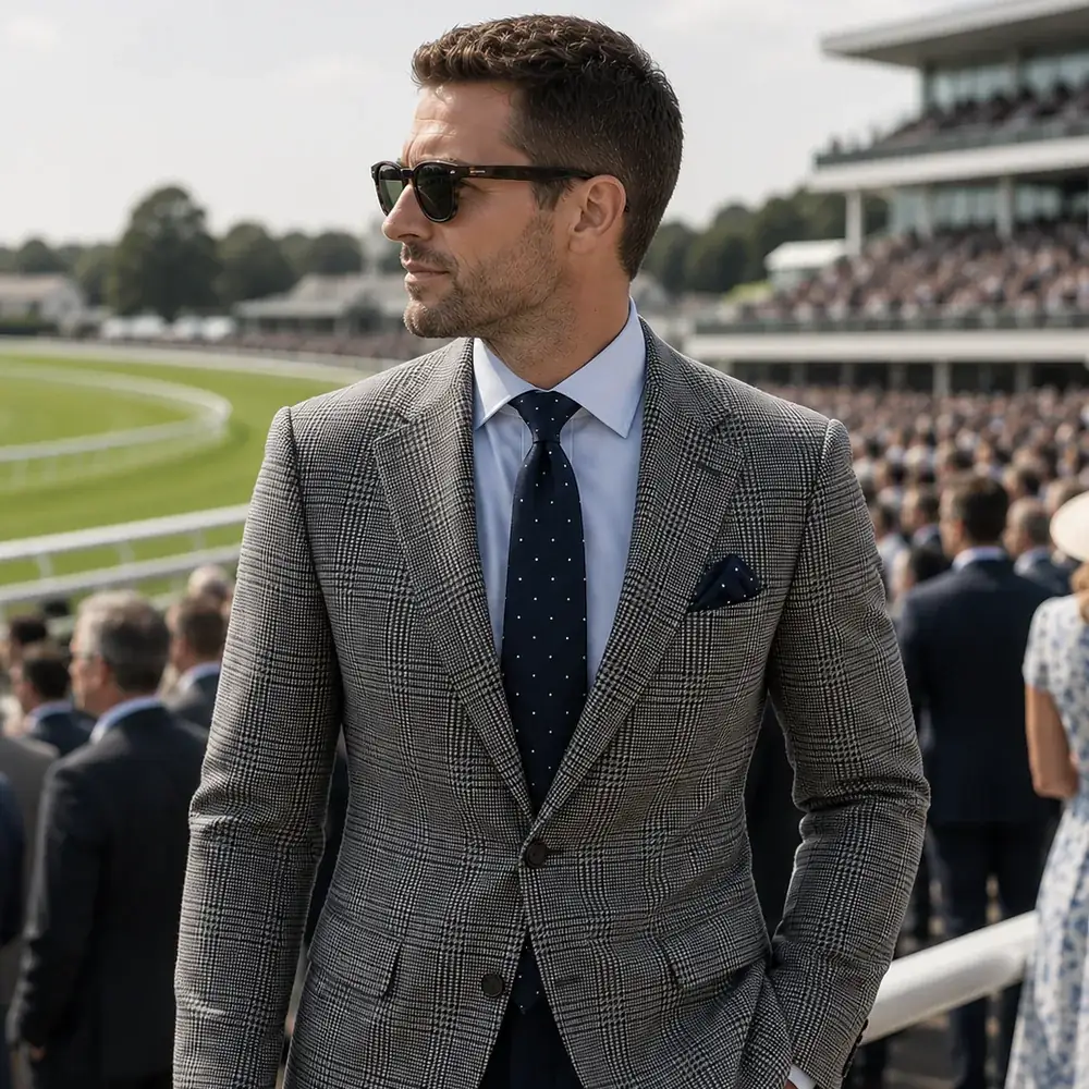 Bespoke grey Prince of Wales check race day suit tailored by Noble Fox