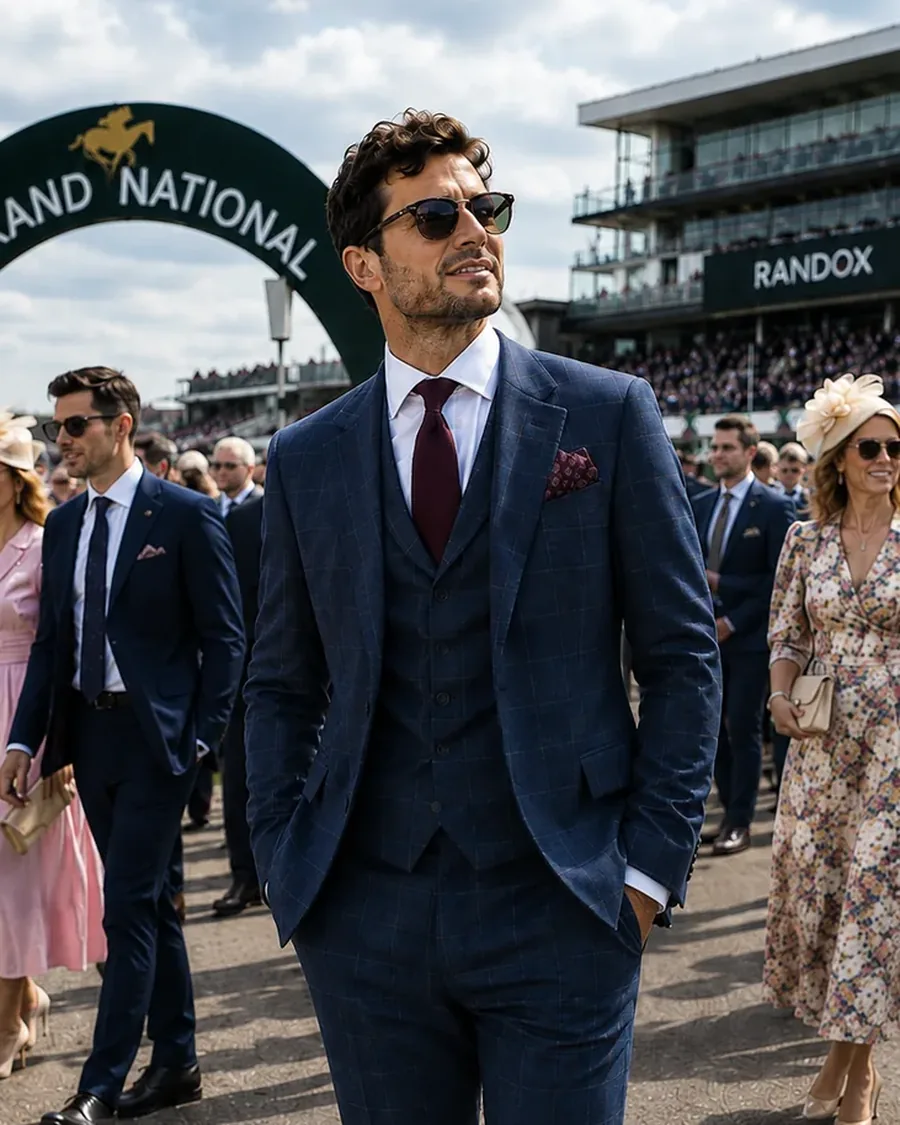 Navy check three piece suit at the Grand National - Noble Fox bespoke tailoring