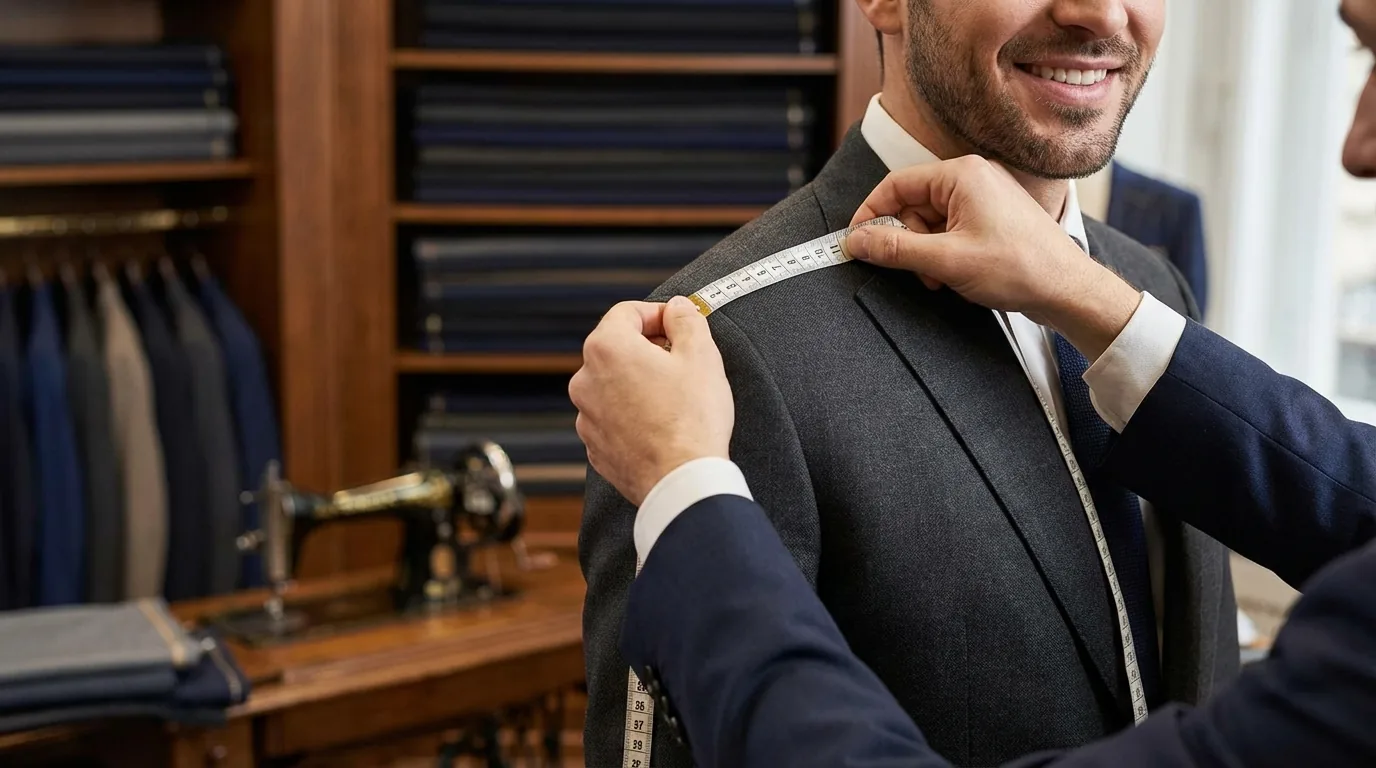 A tailor marking a jacket during a bespoke fitting