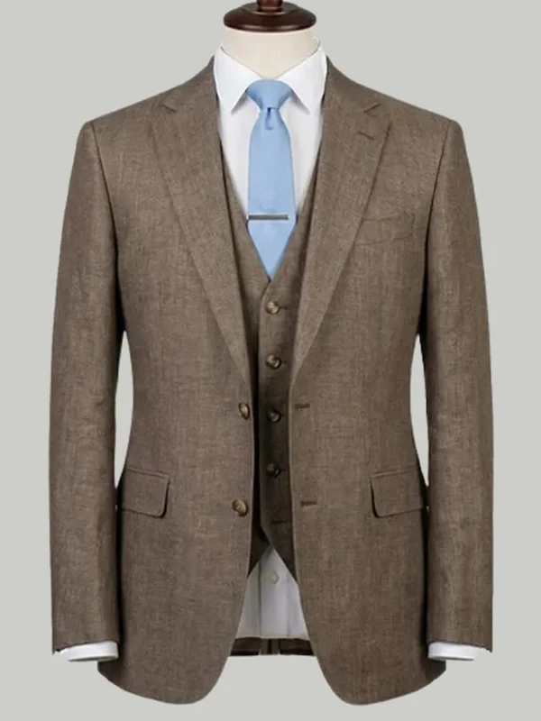 Brown Linen Three Piece - bespoke wedding suit by Noble Fox