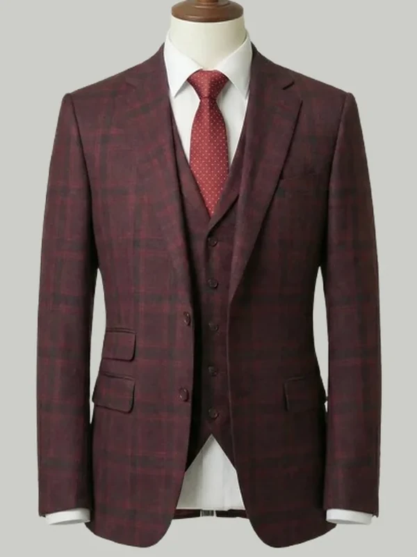 Burgundy Check Three Piece - bespoke wedding suit by Noble Fox