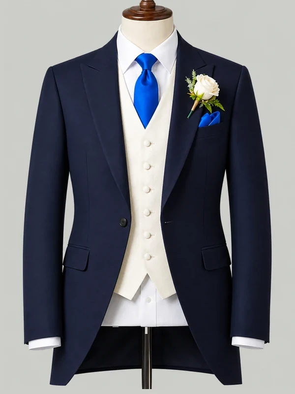 Navy Morning Suit with Cream Waistcoat - bespoke wedding suit by Noble Fox