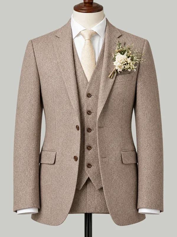 Oatmeal Herringbone Tweed - bespoke wedding suit by Noble Fox