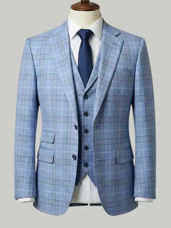 Sky Blue Check Three Piece - bespoke wedding suit by Noble Fox