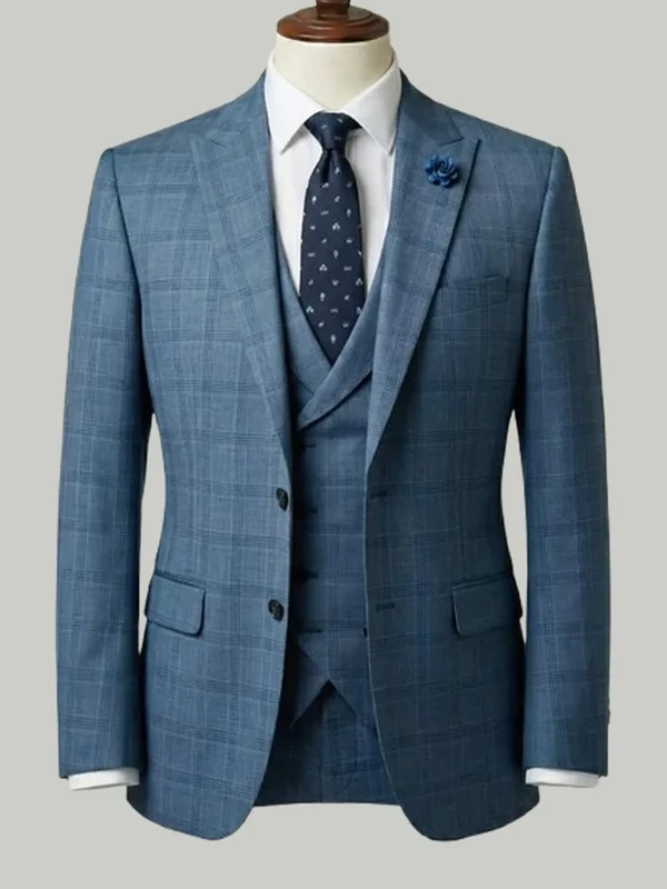 Steel Blue Check Three Piece - bespoke wedding suit by Noble Fox