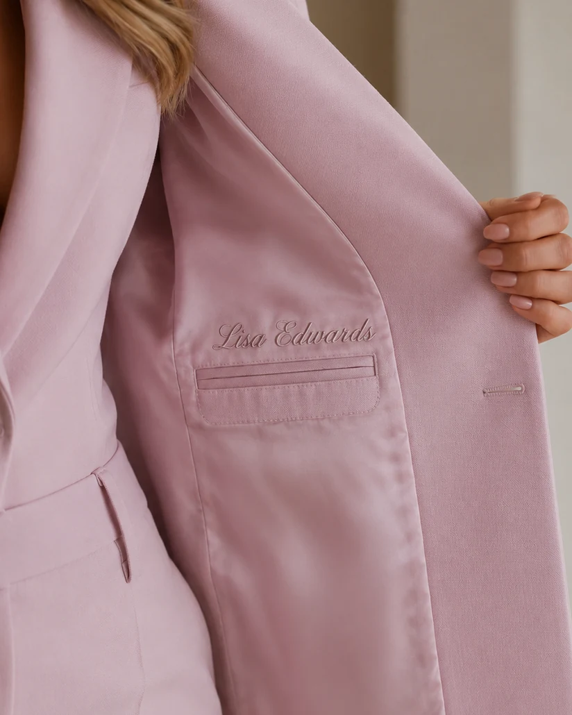 Name embroidered in the satin lining of a bespoke pink jacket, tailored by Noble Fox