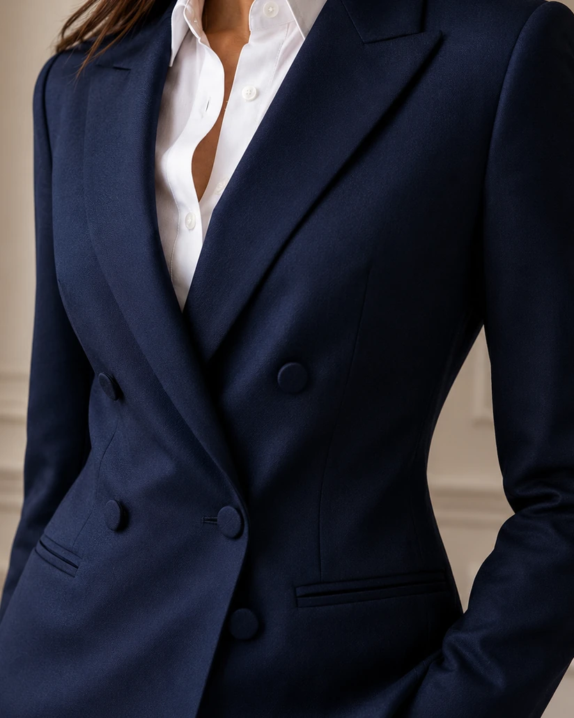 Waist and lapel detail on a bespoke navy double-breasted jacket cut for a woman, tailored by Noble Fox